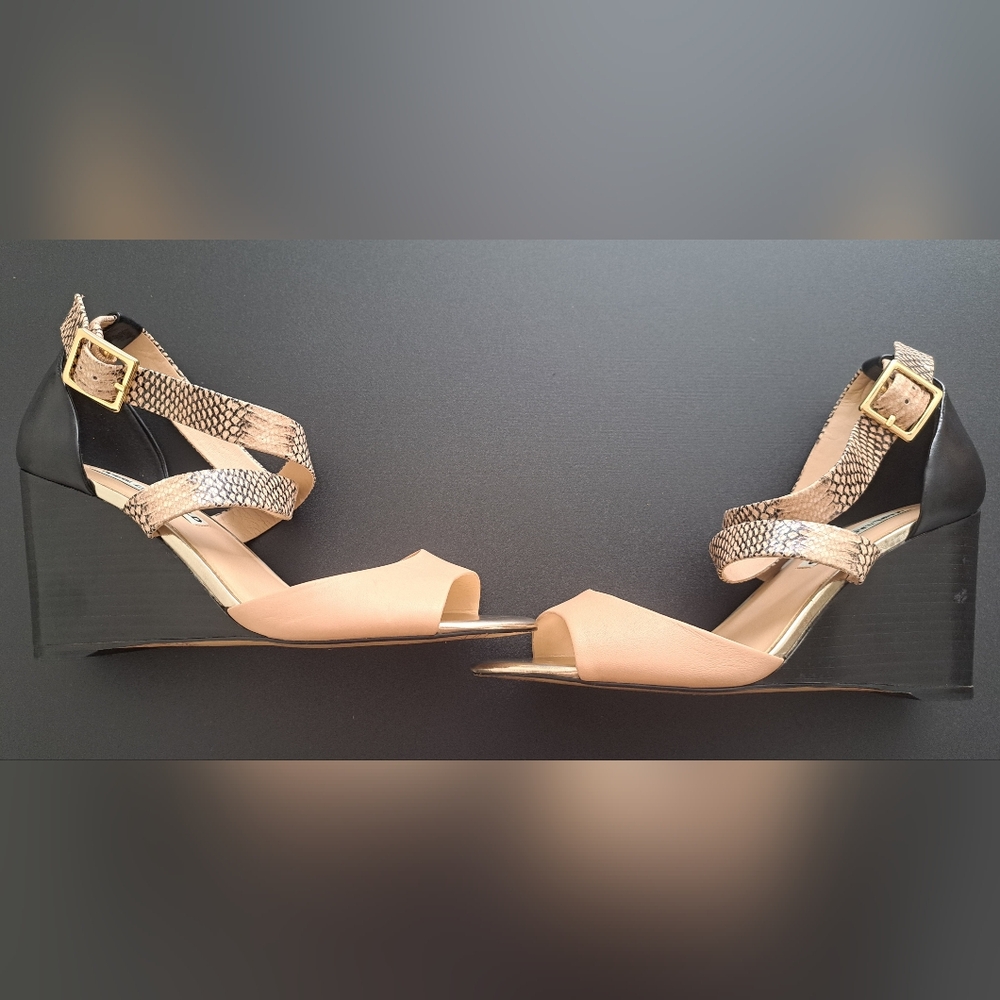 Karl Lagerfield Paris RADKA neutral and snake print wedge sandals, size 9.5